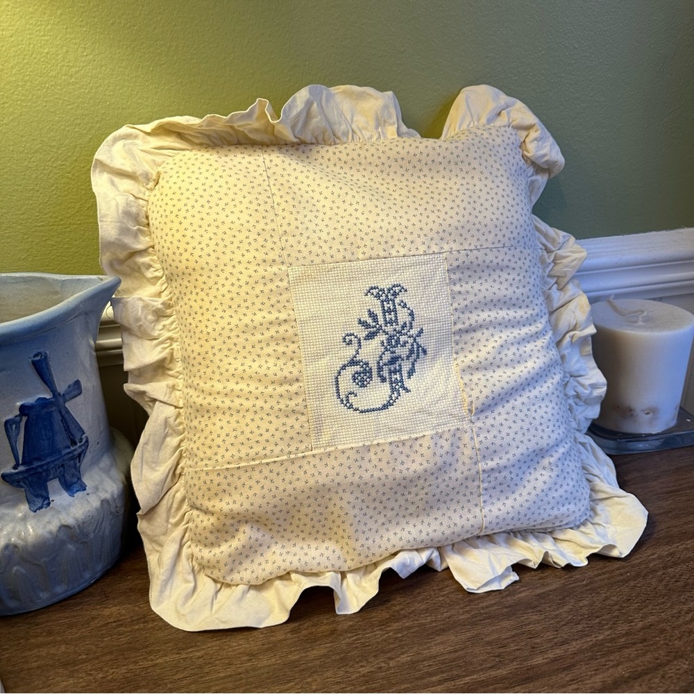 Elaborate “J” Crossstitch Quilted Homemade Accent Throw Pillow